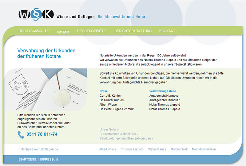 Webpräsenz Wiese und Kollegen Rechtsanwälte und Notar