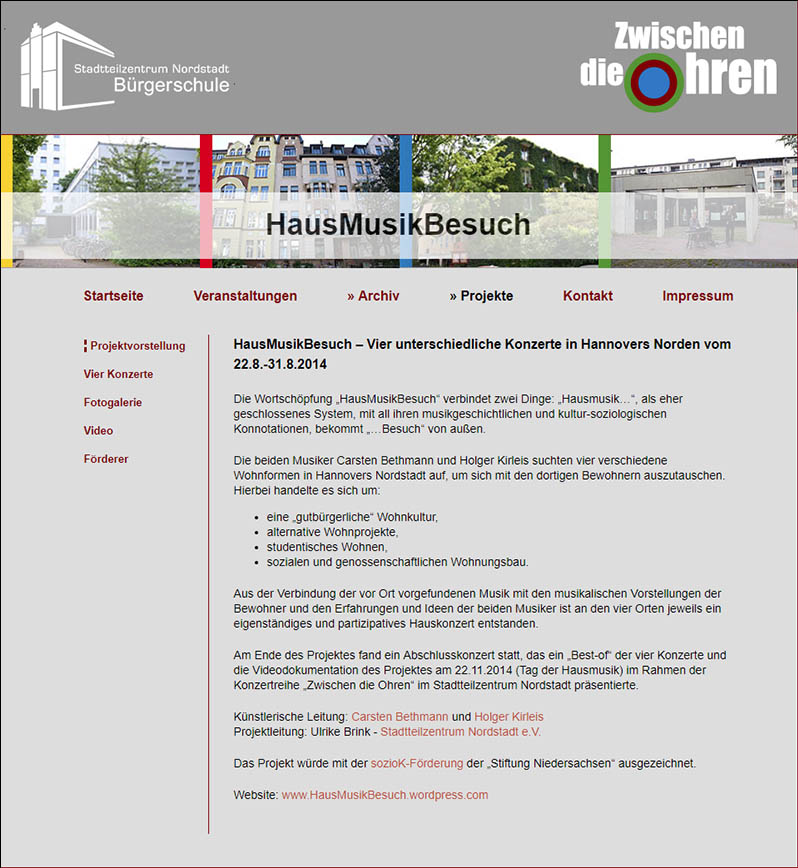 Webpräsenz Konzertreihe Zwischen die Ohren